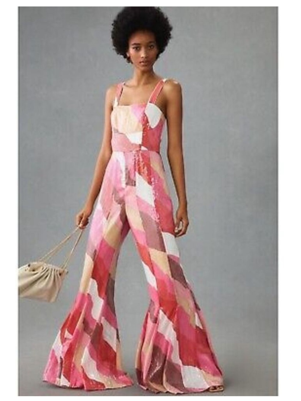Anthropologie Hutch Pink Abstract Retro Sequin Flare Jumpsuit 12 NWT